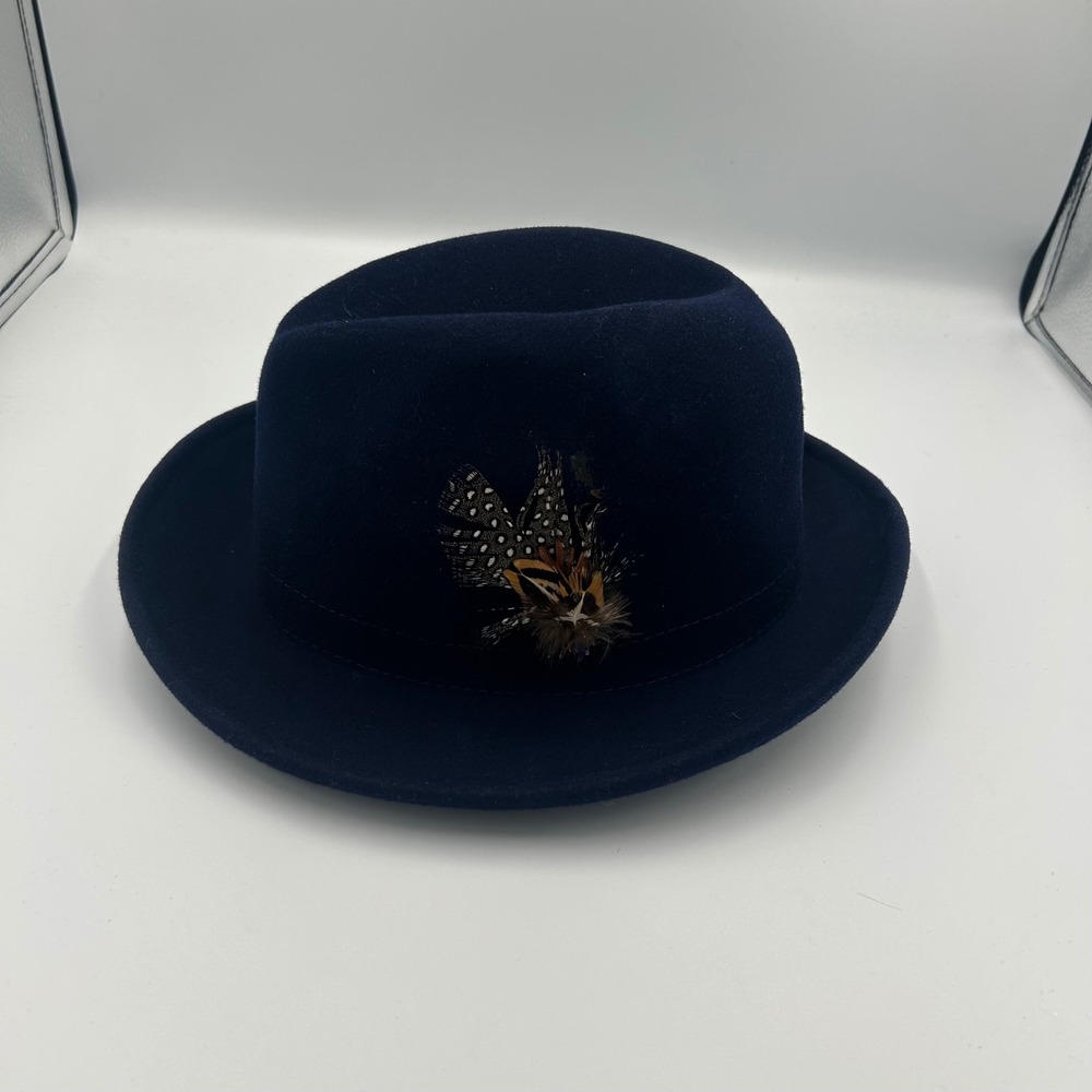 Stacy Adams Fedora Hat Mens Medium Navy Blue 100% Wool Feather Accent